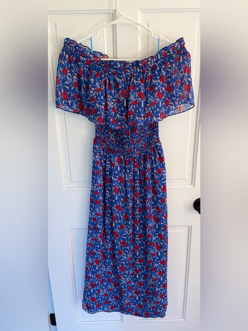 Lucky Brand Off Shoulder Floral Maxi Dress Smocked Boho Blue Red Small